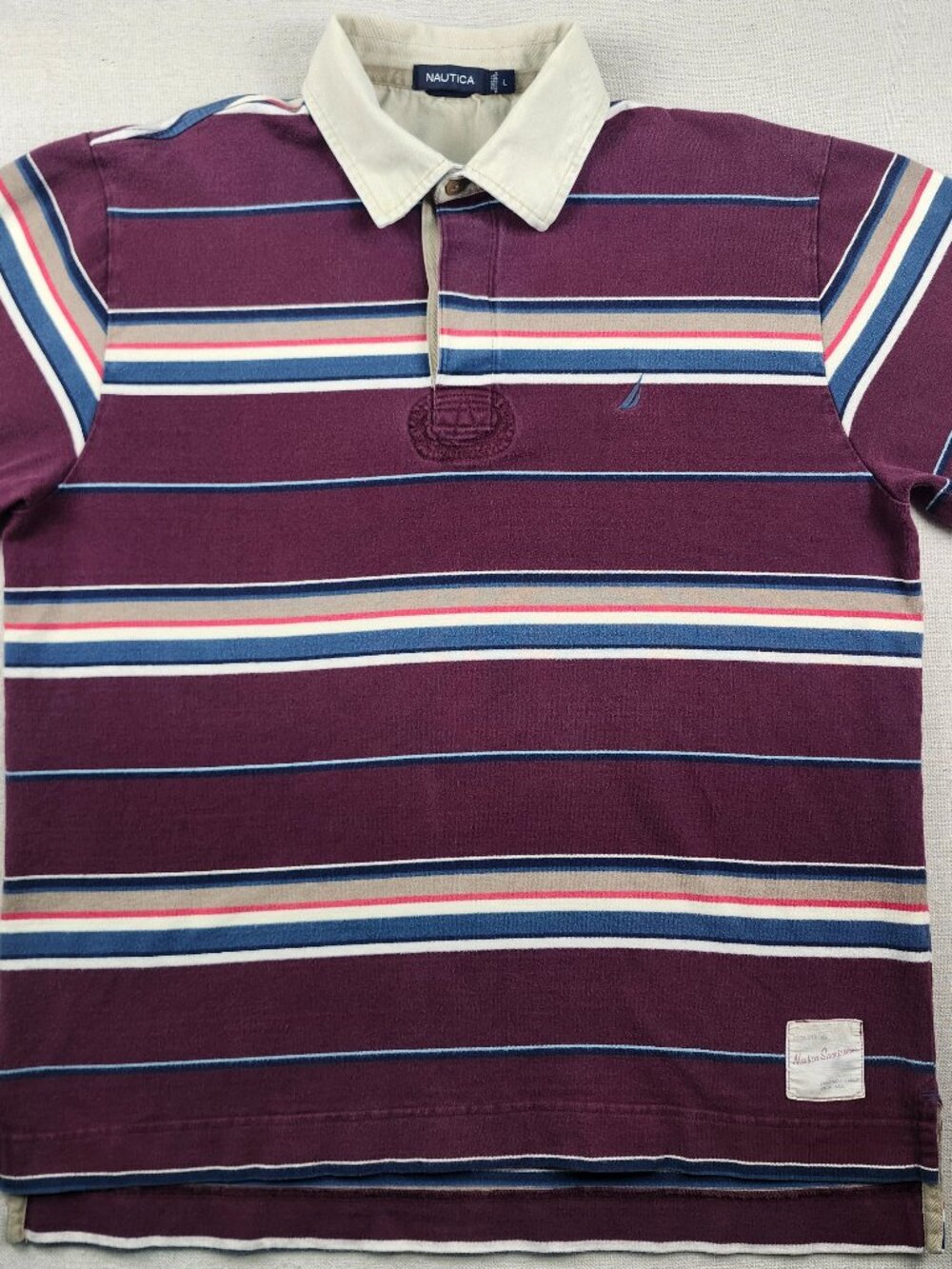 Nautica Sportswear Striped Rugby Polo Mens Large Burgundy